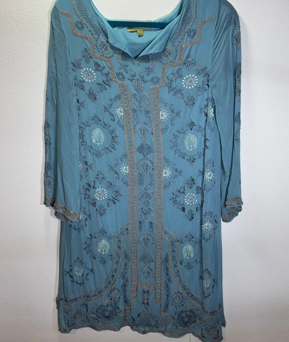 Sigrid Olsen Signature Blue Embroidered Tunic Dress Size 10 Boho India Viscose